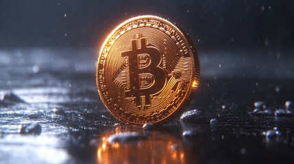 Golden Bitcoin coin on dark wet surface with rain drops