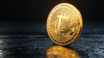 Golden Bitcoin coin on dark surface, finance, crypto