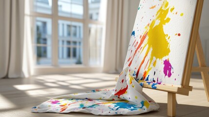 Colorful abstract painting with splatters on canvas near window