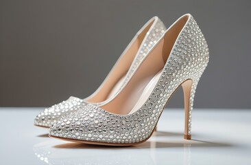 Obraz premium Light high heel shoes with rhinestones. Wedding accessories on a light background.