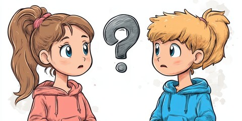 Illustration of Two Children Facing Each Other in a Cartoon Style with a Large Question Mark Symbolizing Curiosity or a Puzzling Situation
