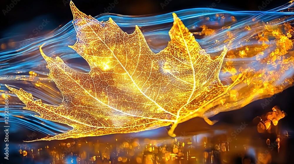 Poster a focused photograph of a leaf resting on a table against a hazy backdrop of an urban landscape