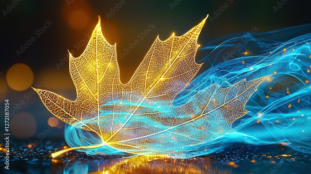 Poster a clear photo of a leaf on a table with a hazy view of the surrounding foliage behind it