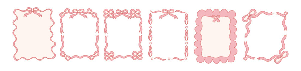 Coquette frame with ribbon and bow for valentne design. Coquette border with elegant line. Frame vintage cute style. Vector romantic illustration