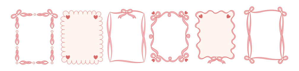 Coquette frame with ribbon and bow for valentne design. Coquette border with elegant line. Frame vintage cute style. Vector romantic illustration