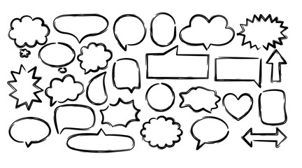 Chalk crayon speech bubbles set. Crayon balloon frame, dialogue talk in sketch style. Hand drawn vector illustration