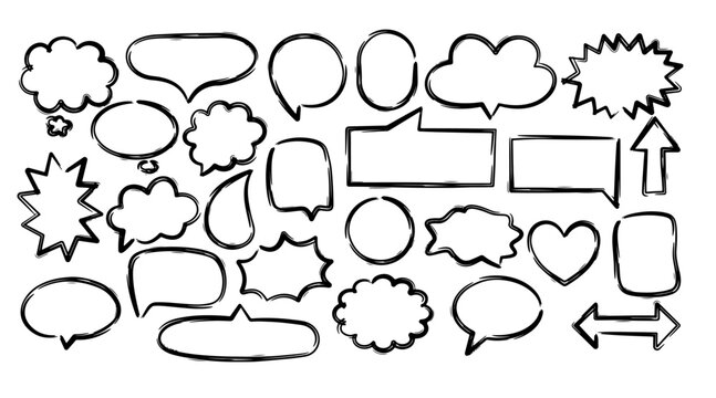 Chalk crayon speech bubbles set. Crayon balloon frame, dialogue talk in sketch style. Hand drawn vector illustration
