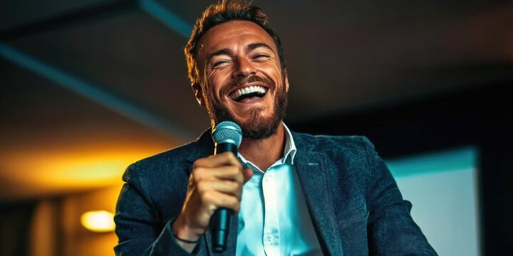 Young caucasian male comedian laughing during stand-up performance
