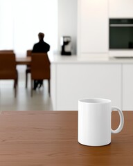 Obraz premium Minimalist Office Break Room with Coffee Mug and Out-of-Focus Employee in Background
