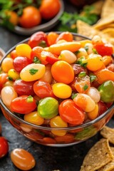 Vibrant cherry tomato salad with peppers and fresh herbs in a bowl
