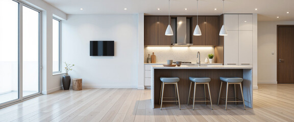 Modern kitchen design with sleek cabinetry and stylish pendant lights creating a minimalistic and inviting atmosphere featuring a spacious layout and natural light streaming through large windows