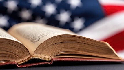 Open book with USA flag in background, symbolizing education and patriotism