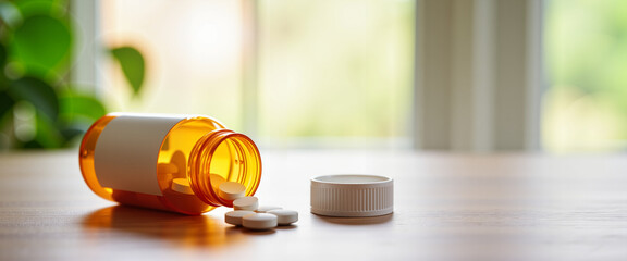 Pollen allergy medication bottle with spilled pills on wooden surface, bright natural lighting for health blogs, wellness websites, and educational content