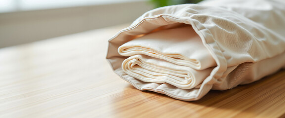 Pollen allergy tissue pack in soft fabric bag on wooden surface, ideal for blogs and educational content