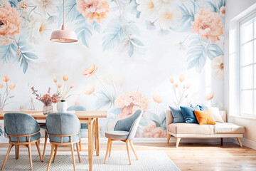 Floral dining room, light, modern, cozy interior, natural light