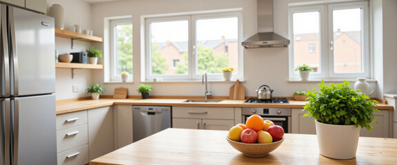 Bright and airy kitchen featuring a wooden countertop adorned with a fruit bowl showcasing colorful apples and oranges, complemented by potted plants and large windows illuminating the space