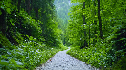 Obraz premium Lush Forest Trail Hiking Path Through Green Woods