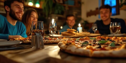 Group of young diverse friends enjoying pizza and wine in cozy restaurant setting