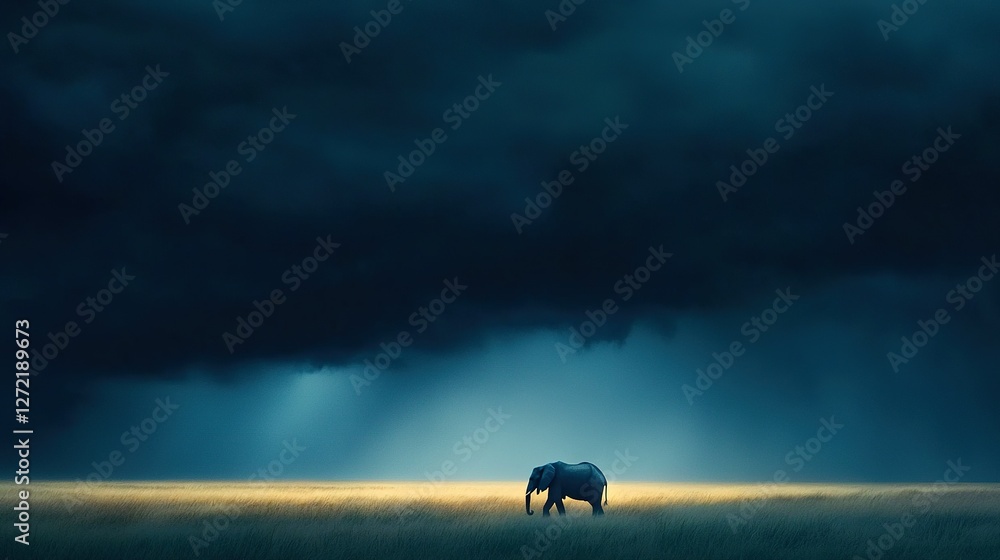 Aufkleber an elephant stands in a field under a dark sky with a lightning bolt in the background