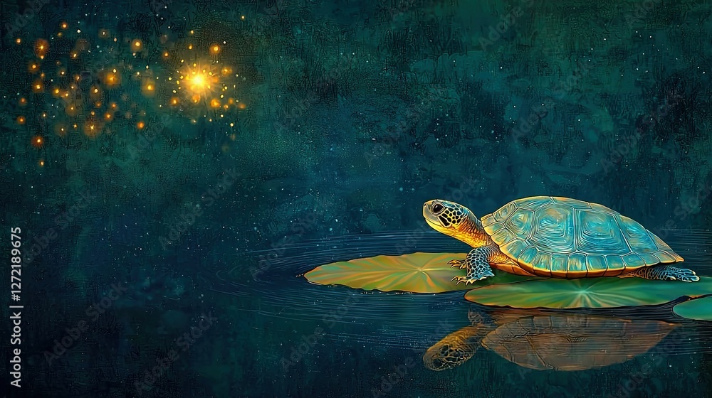 Poster a turtle on a lily pad in water with a firework in the background