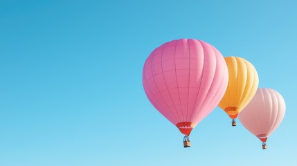 Fototapeta premium Colorful hot air balloons against a clear blue sky. Possible use Travel brochure, tourism marketing, social media post