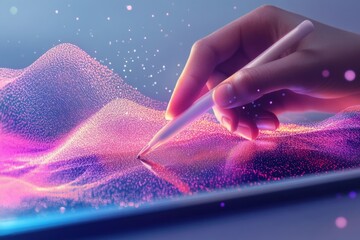 A hand uses a stylus to interact with a vibrant, particle-based digital landscape on a tablet.