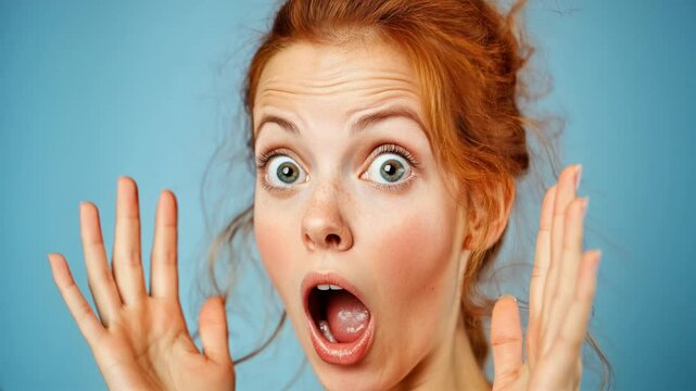 Close-up portrait of amazed beautiful redhead woman with blue eyes showing emotion of surprise on blue background