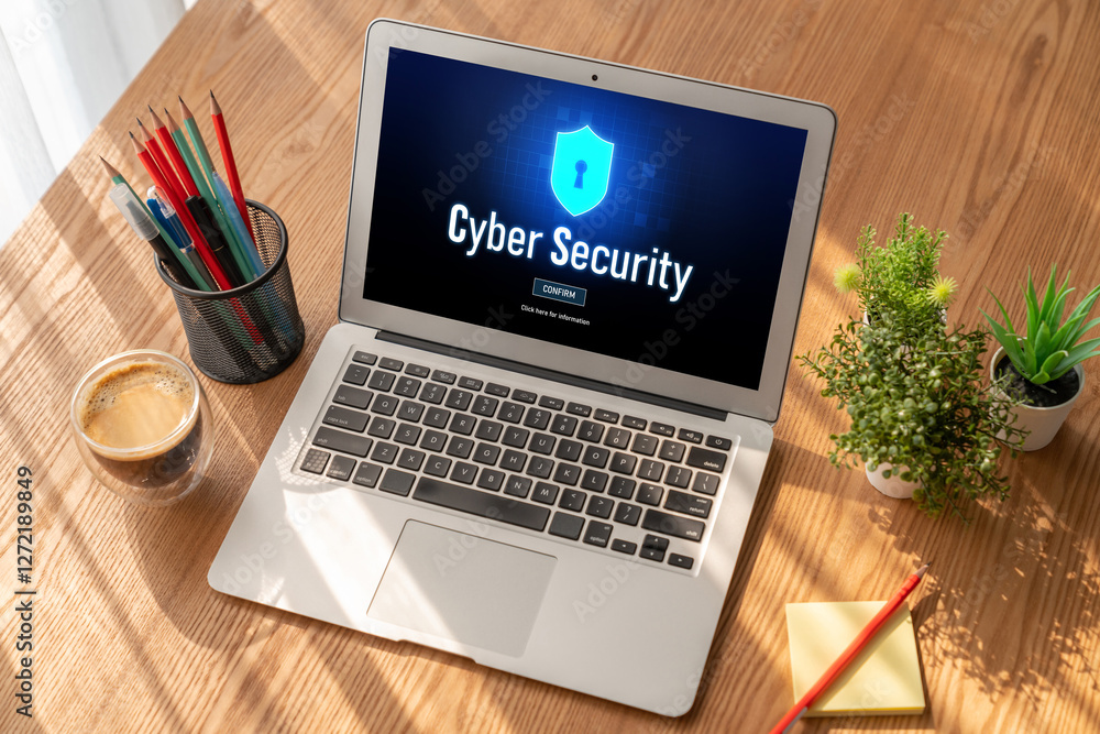 Poster cyber security system on computer screen protect private information snugly from hacker and cyber at