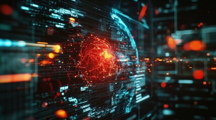 Fototapeta premium Global cyber security system protecting data flow and connections on planet earth with futuristic digital interface and computer code displayed on screen