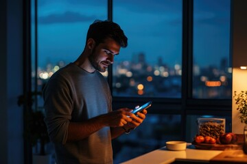 Man using smartphone at night, illuminated by city lights outside a window.