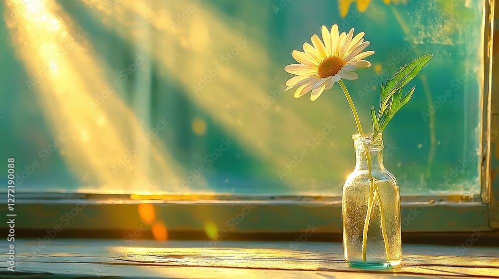Poster a vase with a flower sits on a window sill, bathed in sunlight streaming through the window behind i
