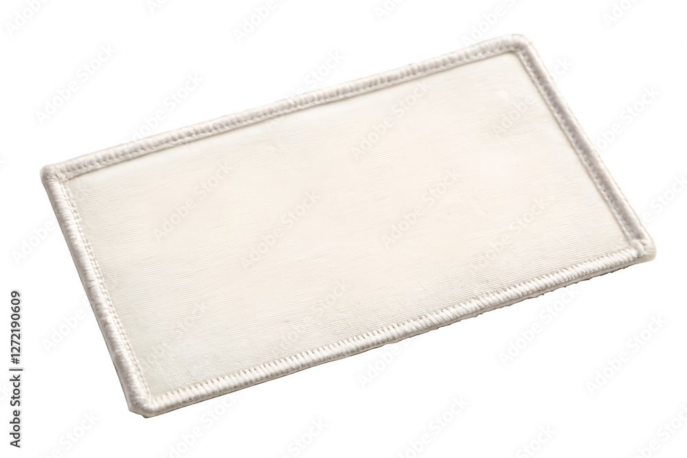 Poster blank rectangular fabric patch mockup with stitched border on white background, perfect for branding