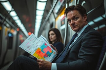 A businessman reviews financial documents while commuting on a subway train.