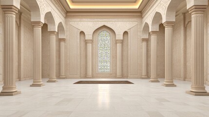Obraz premium Elegant Marble Courtyard with Stained Glass Window and Classical Columns in Soft Lighting