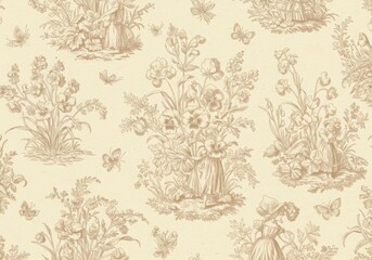 Fototapeta premium A romantic vintage floral Toile De Jouy pattern featuring delicate wildflowers and timeless motifs, ideal for creating an elegant setting.