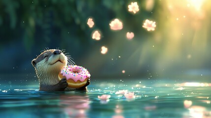   A sea otter in the water with a donut sprinkled on its face