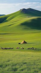Serene landscape of rolling green hills with a traditional yurt and grazing sheep in a pastoral setting