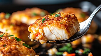 Close-up of crispy breaded fish fillet garnished with herbs on fork, highlighting texture and flavor