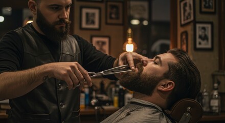 close up of barber in vest cutting hair