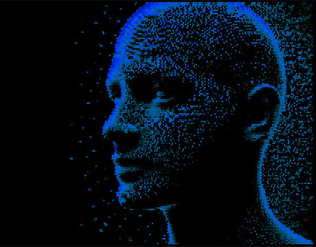 Abstract, pixelated human face on a black background. The scattered dots form a detailed, digital texture, giving the artwork a modern, futuristic feel with a hint of mystery.