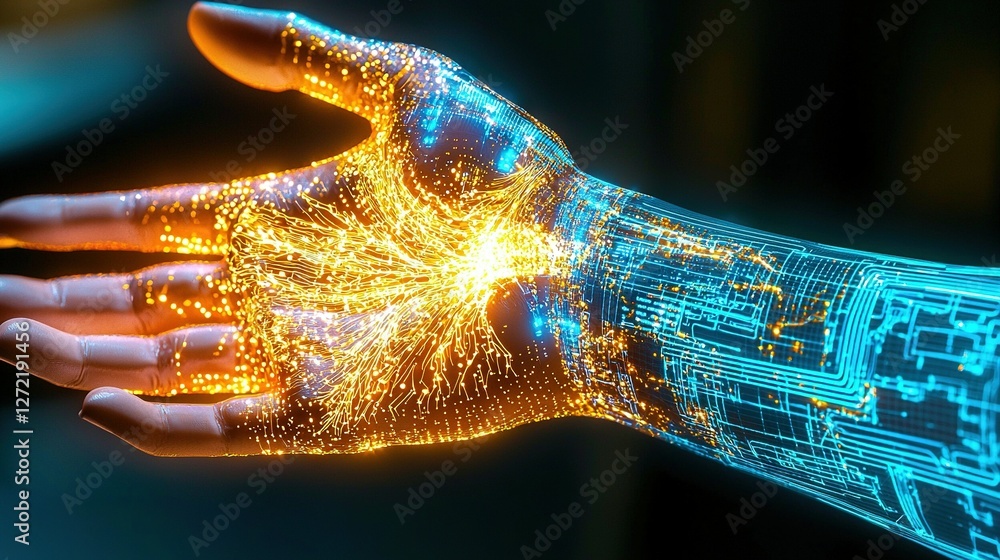 Poster a glowing hand-shaped object with circuit board patterns