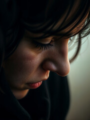 Obraz premium Emotions Depression - Female In Profile Close-Up, Showing Downcast Eyes And Vulnerable Expression Amid Shadows And Light.