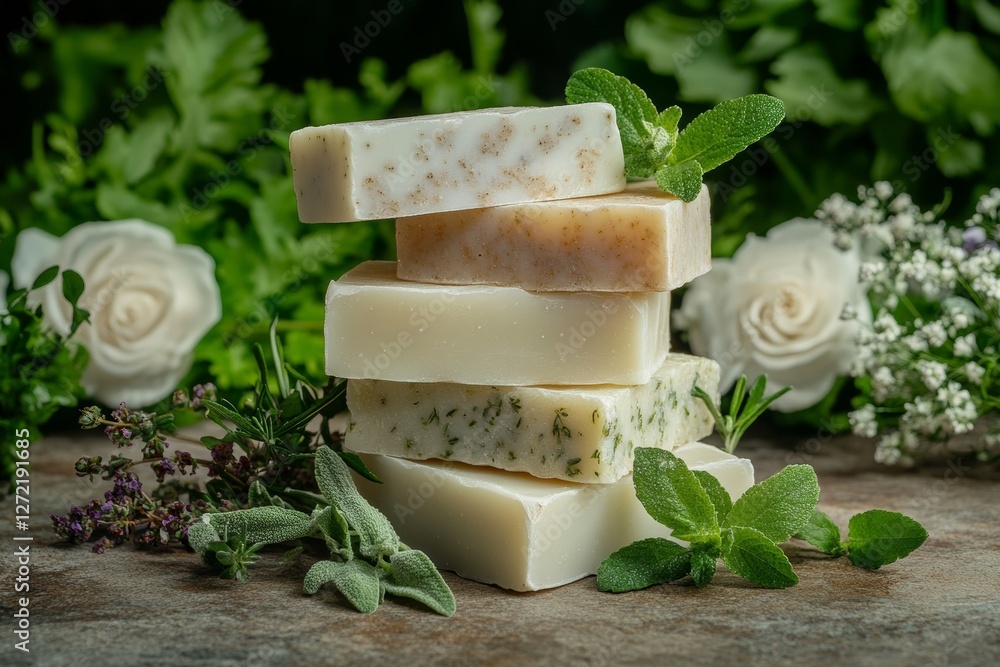 Poster stacked soap bars display a range of textures and colors, enhanced by fresh herbs and delicate flowe
