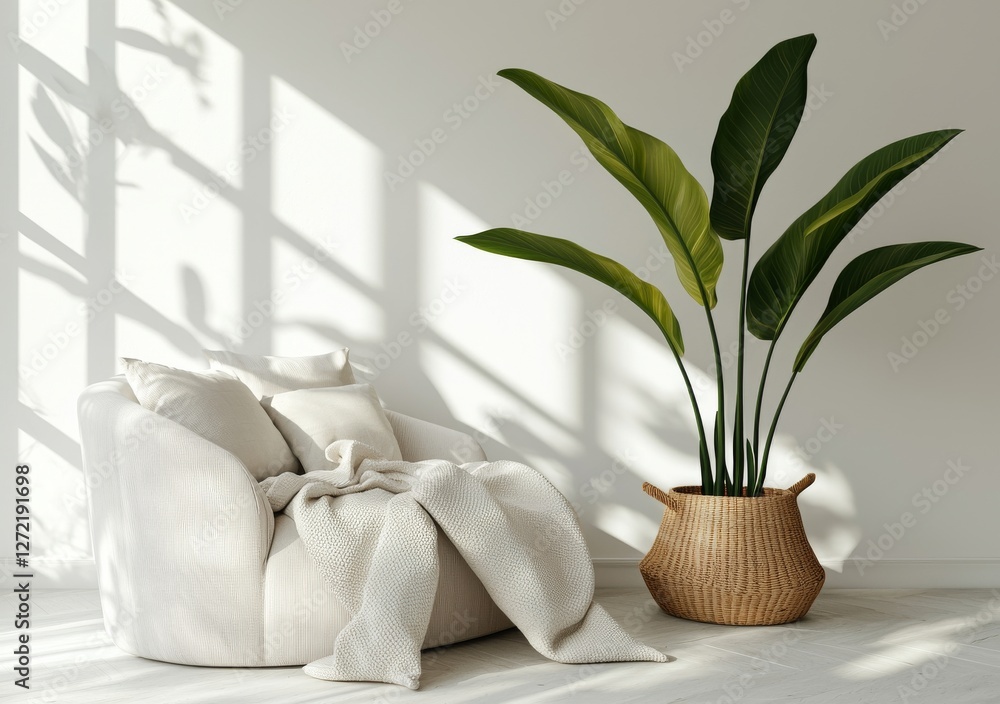 Poster a 3d rendering of a living room interior wall mockup featuring a gray fabric sofa and pillows set ag