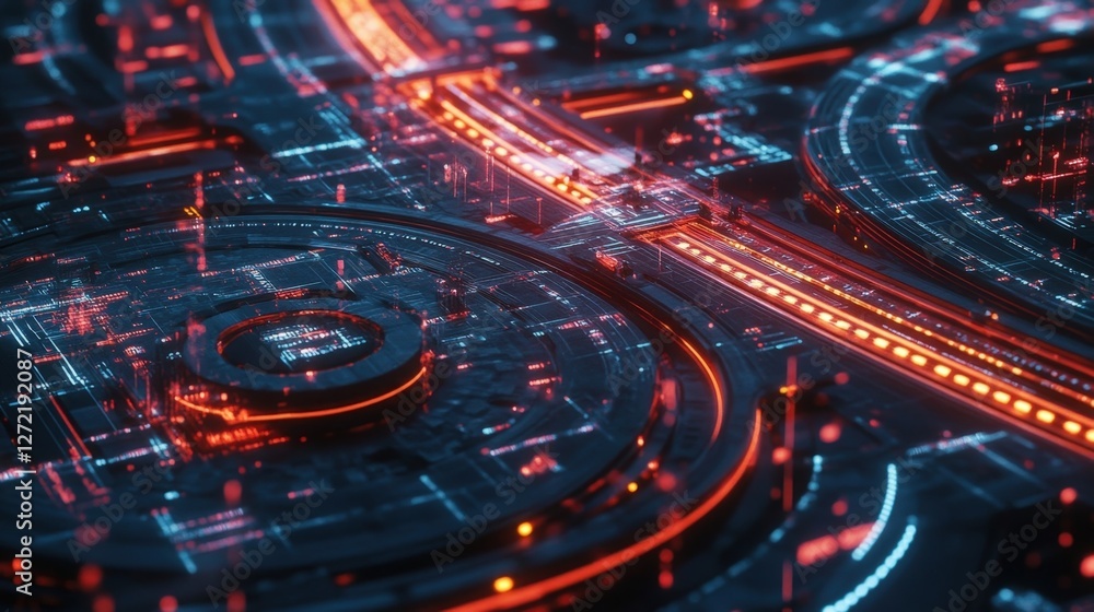 Poster complex network of circuits and data pathways glowing with red and blue lights, representing a futur