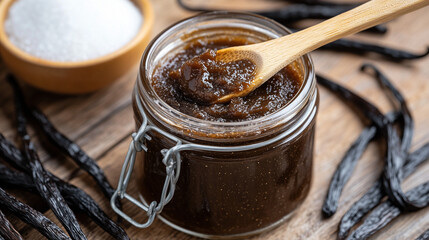 Fototapeta premium Jar of Homemade Vanilla Bean Paste on a Rustic Wooden Countertop