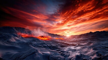 Fototapeta premium Fiery volcanic landscape with glowing lava and dramatic sky at sunset