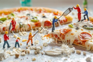 Tiny people construction workers interacting with a giant pizza slice in a creative food art concept.