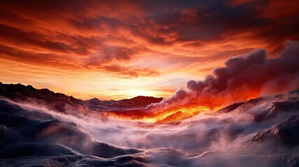 Volcanic eruption with flowing lava under dramatic sunset sky, emitting dark smoke and surrounded by ash-filled landscape
