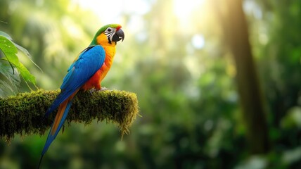 Obraz premium Colorful parrot perched on mossy branch in vibrant rainforest setting